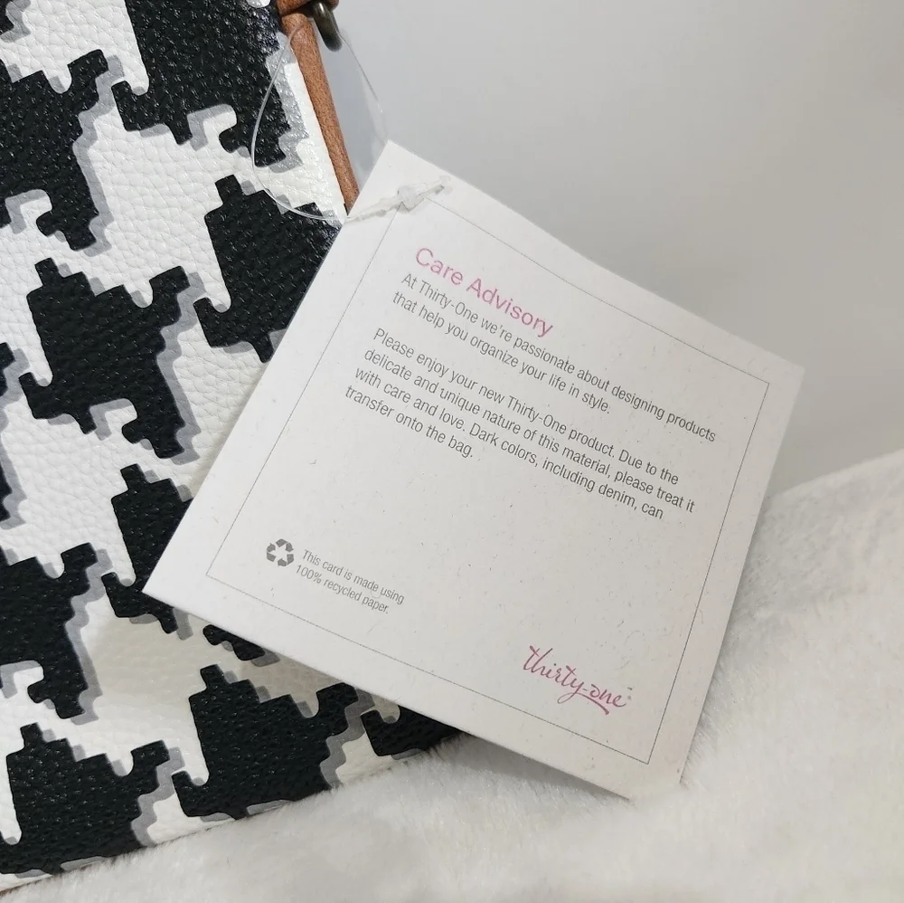 Thirty One Classic White Black Gray Houndstooth Pebble Pouch Bag Clutch NWT
